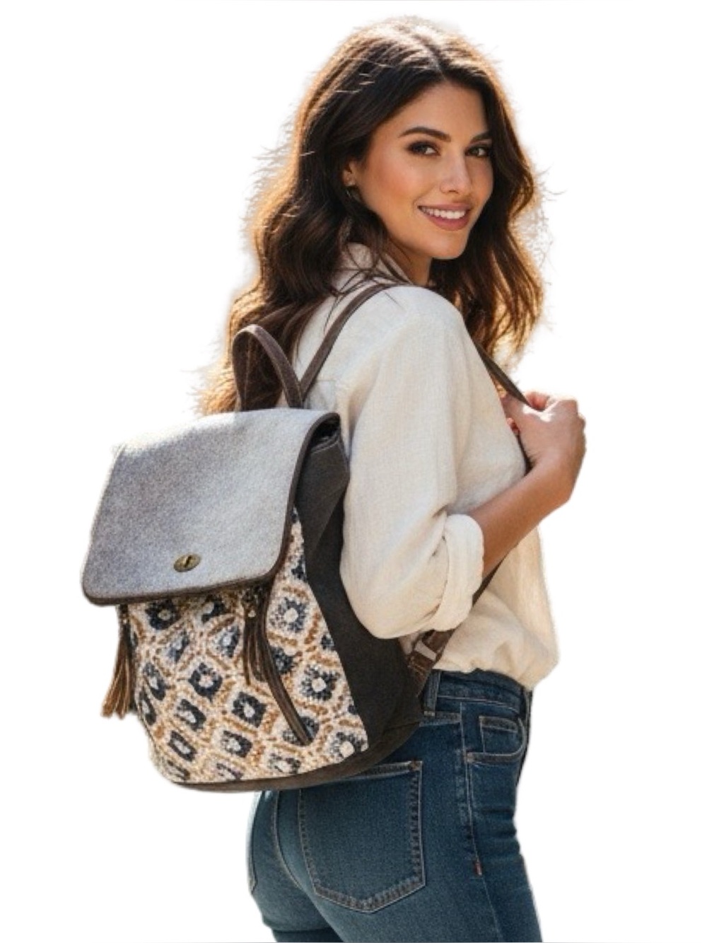 Myra Bag Ancient Art Cowhide and Canvas Backpack w/ Leather Straps